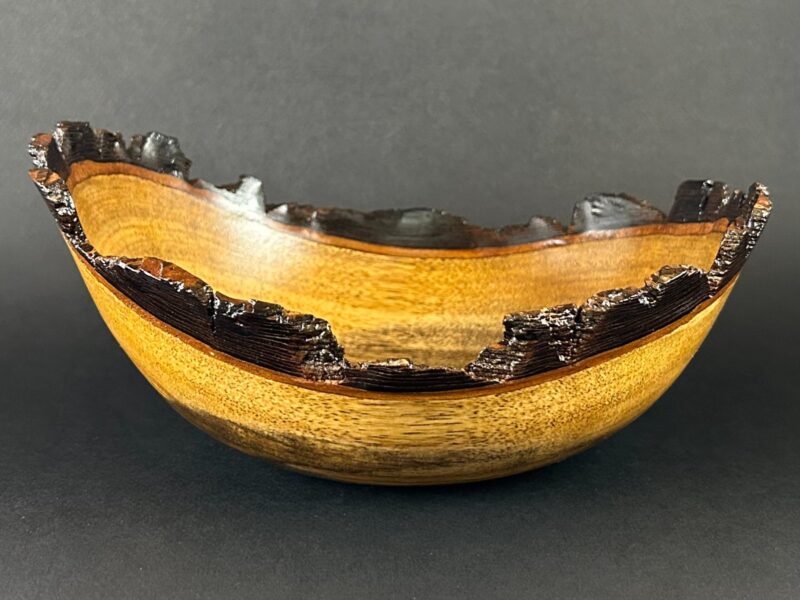 Bark-lined boat bowl. Boat-shaped golden bowl with a dark bark-lined edge.