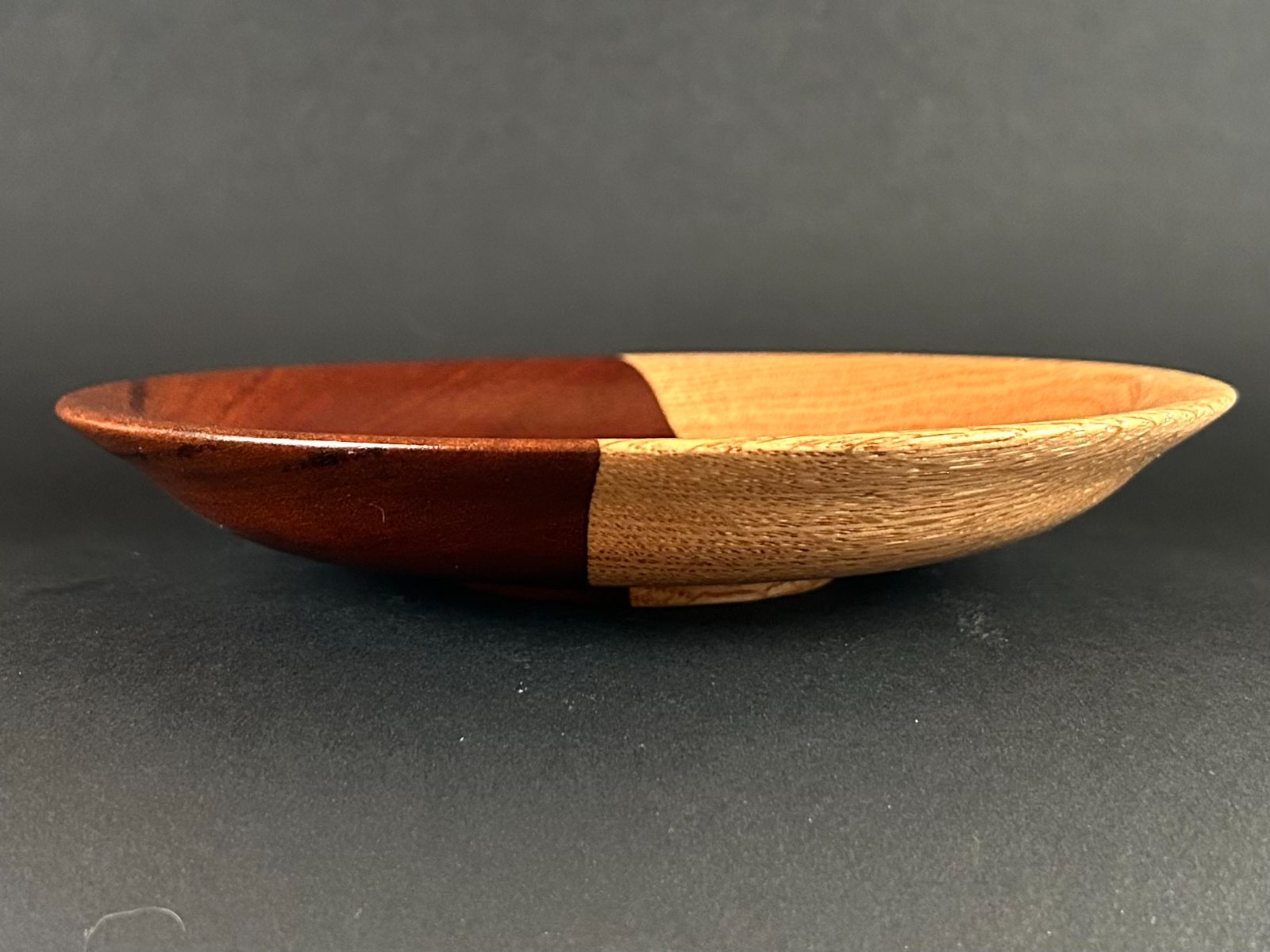 Two-tone shallow dish. Side view showing the shallow profile.