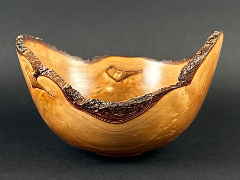 Live-edge bowl. Golden bowl with a sweeping bark-lined rim, viewed from the side.